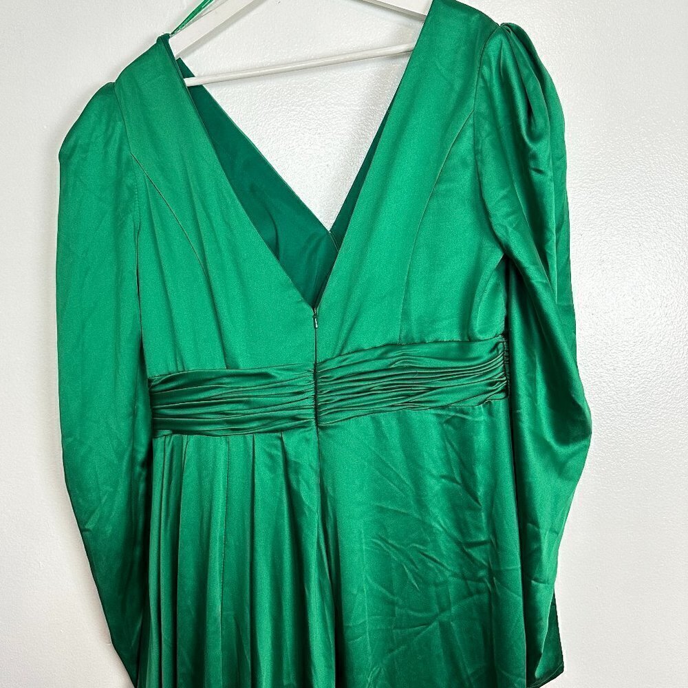 MAC DUGGAL Puff Sleeve Satin Faux Wrap Gown in Emerald Green Size US 14 NWT - Picture 9 of 12